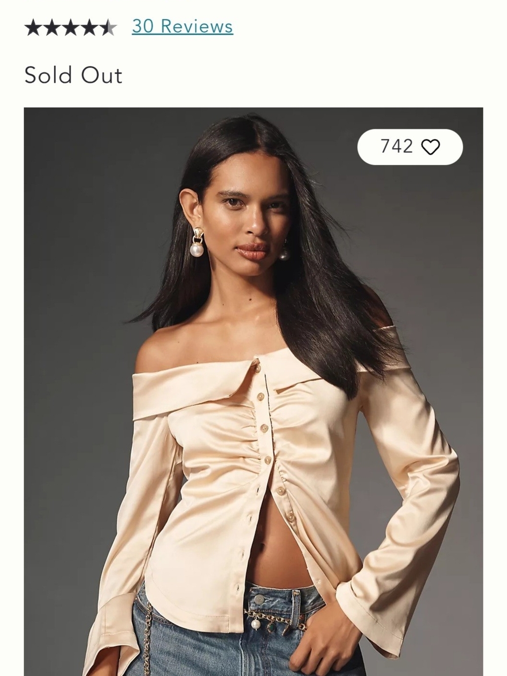 Anthropologie Satin Off-Shoulder Button-Front Top in Champagne